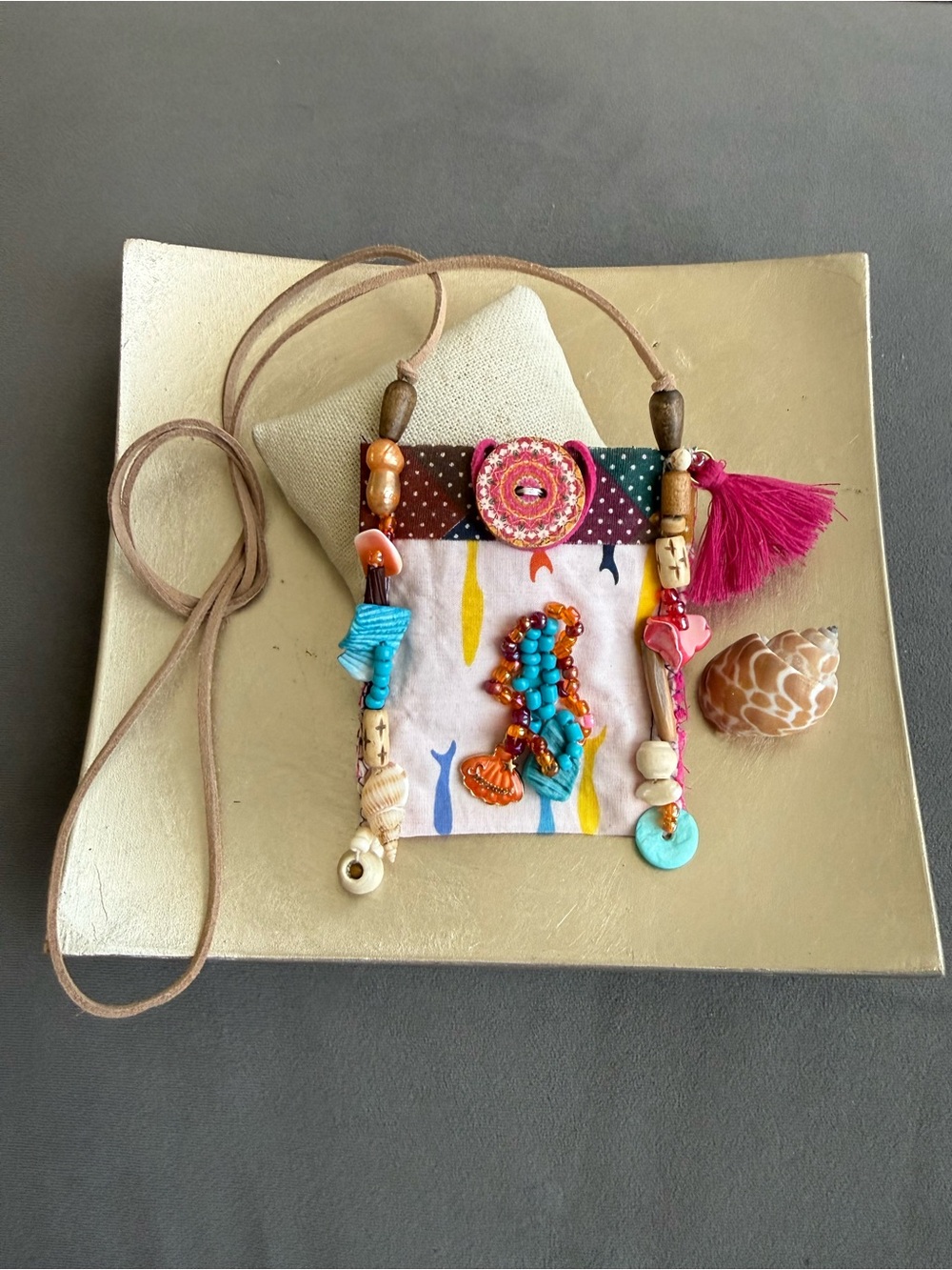Handcrafted Turquoise & Pink Beaded Textile Pendant Necklace Amulet Pouch Fun